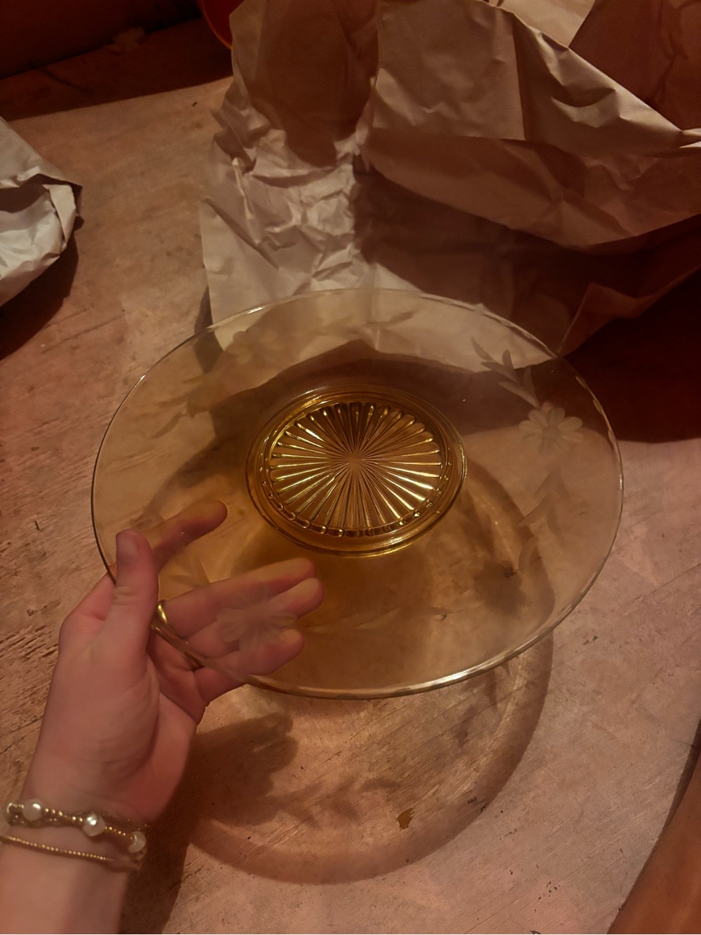 Amber Glass Pedestal Cake Stand with Sunburst Center